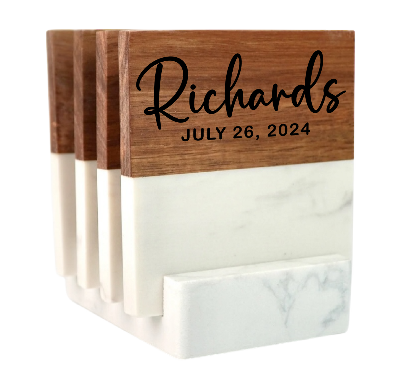Personalized Marble & Acacia Wood Coaster Set