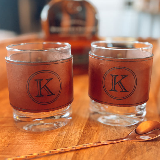 Personalized Leather-Wrapped Rocks Glasses - Set of 2