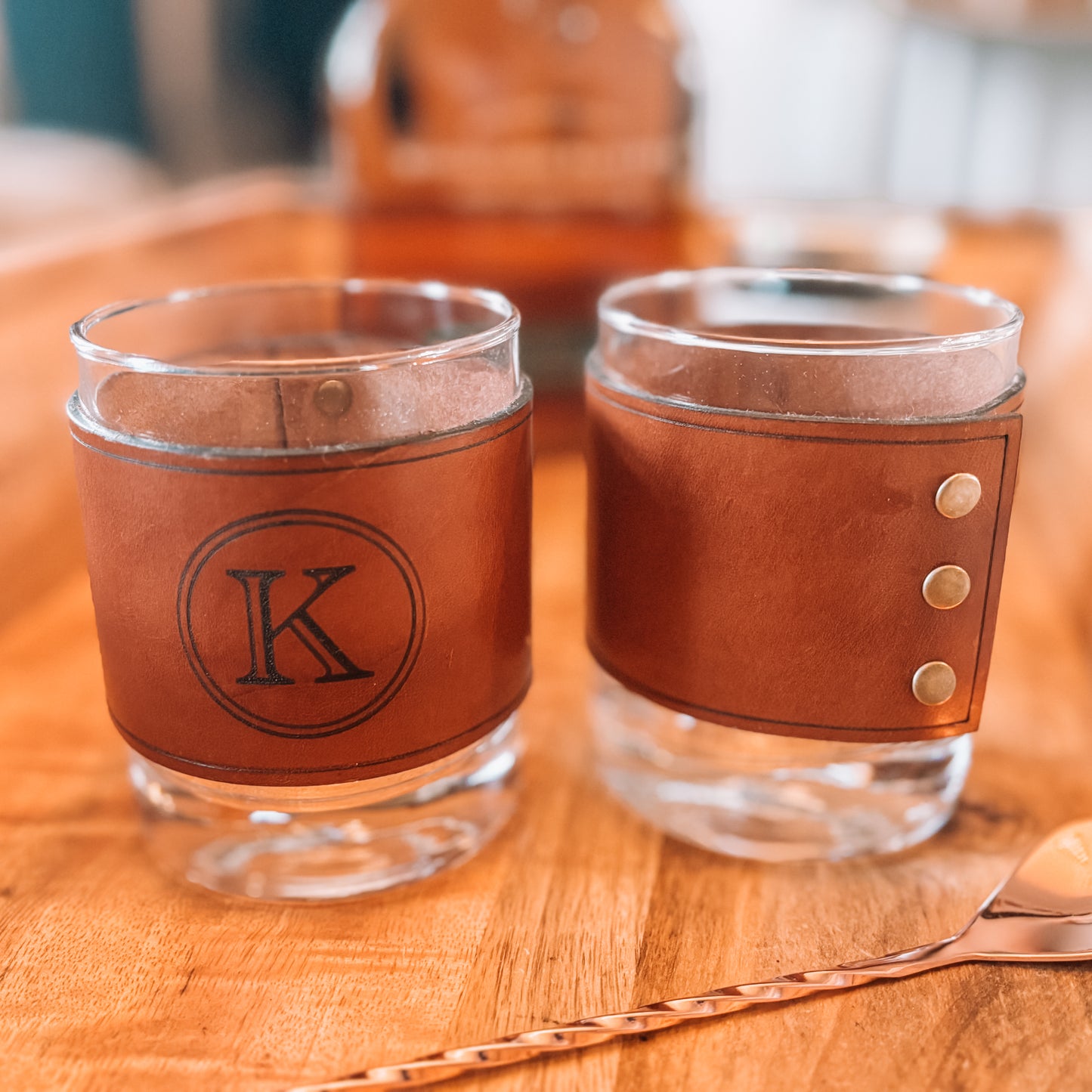 Personalized Leather-Wrapped Rocks Glasses - Set of 2