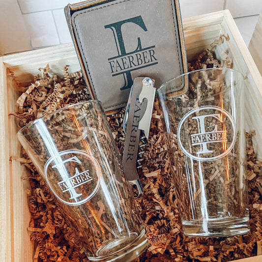 Brew Master's Custom Gift Box: Engraved Glasses, Coasters & Bottle Opener