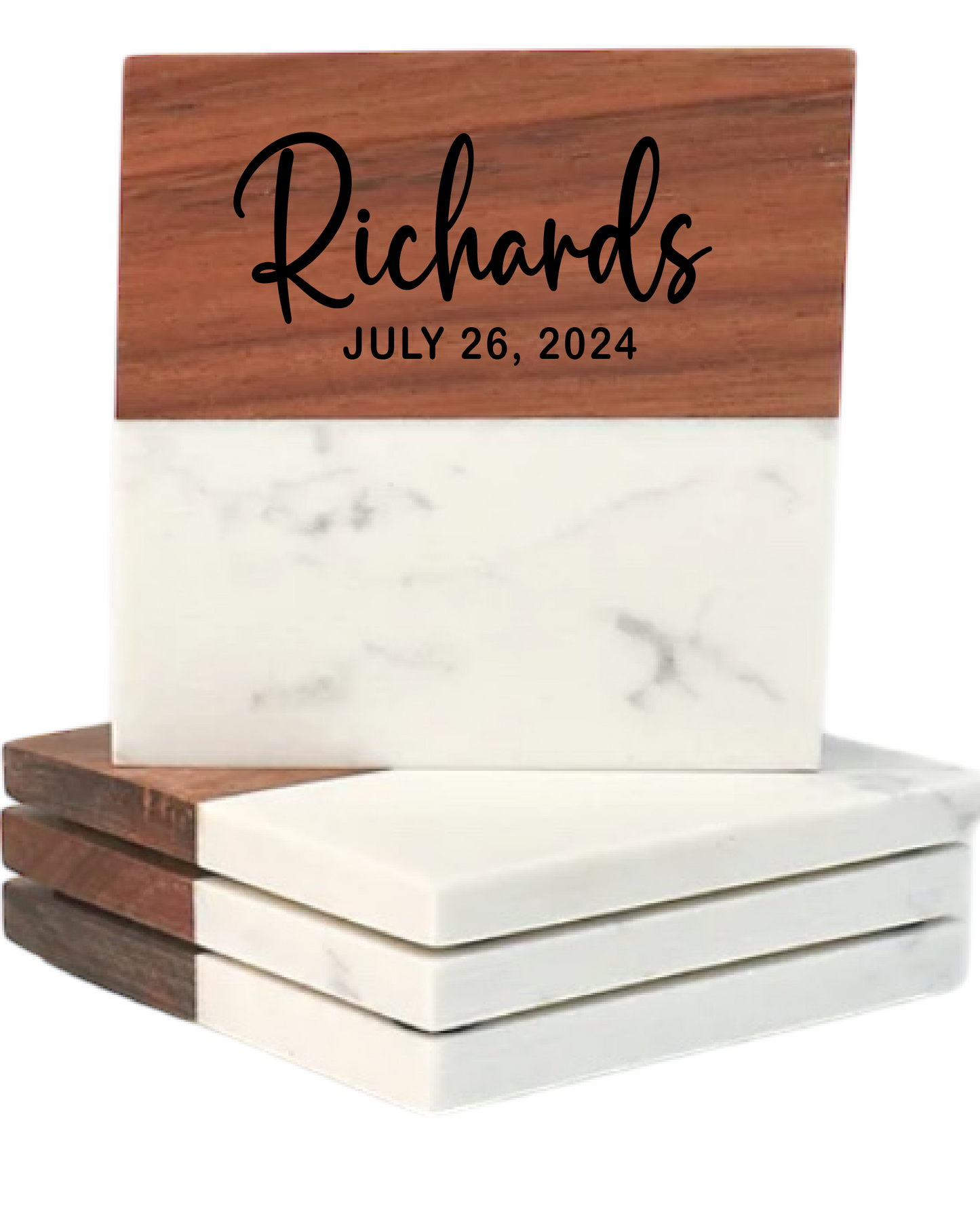Personalized Marble & Acacia Wood Coaster Set