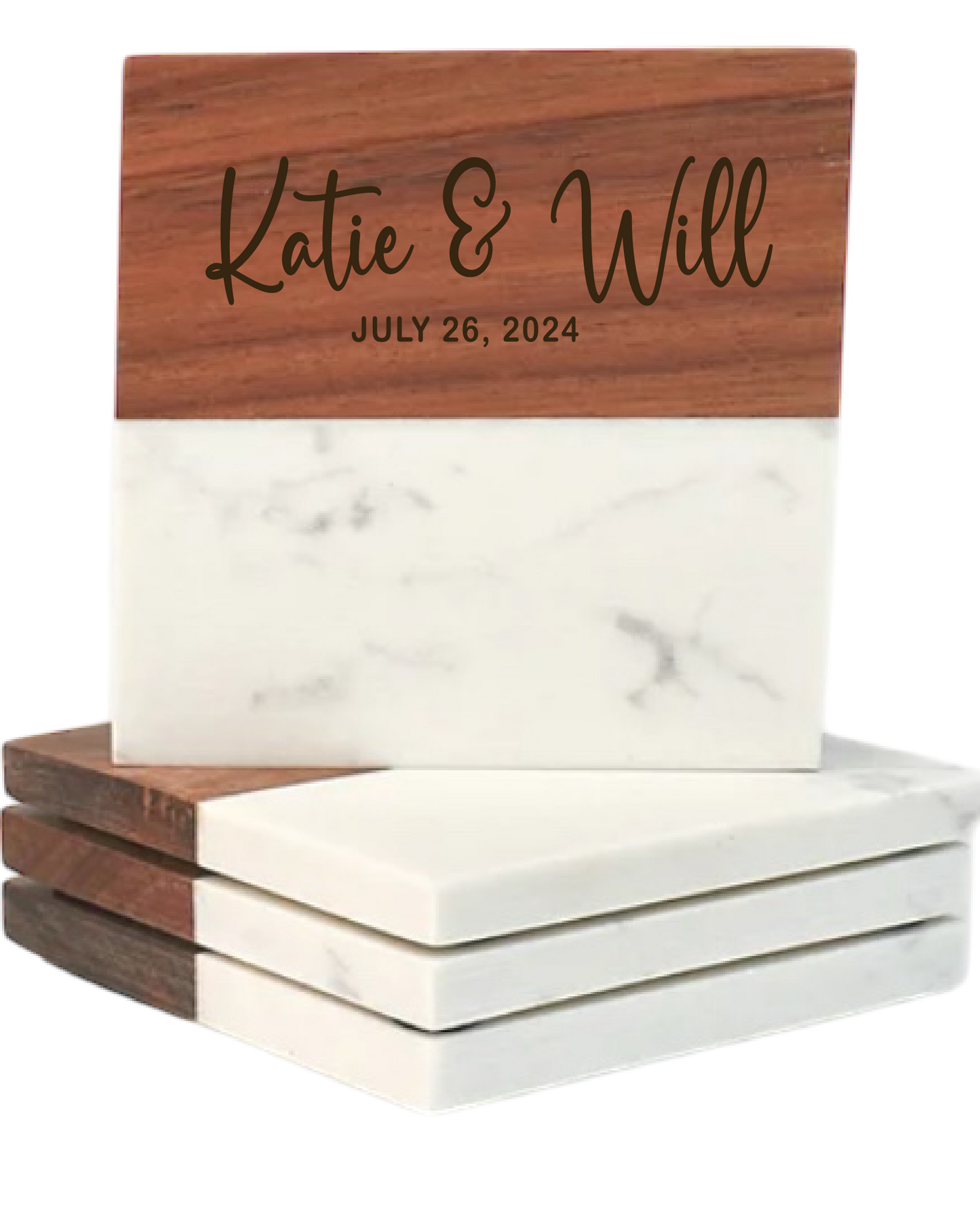 Personalized Marble & Acacia Wood Coaster Set